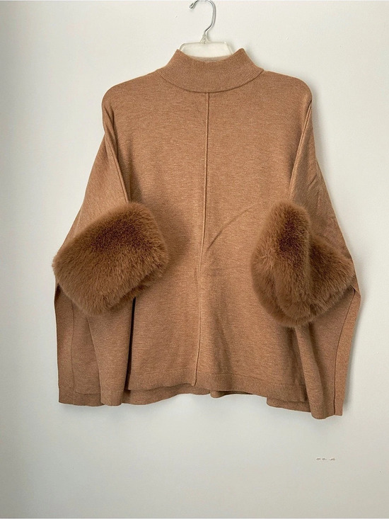 Saks Fifth Avenue Sweaters - Saks Fifth Avenue Camel Mock Neck Faux Fur Cuff Poncho Sweater Brown Medium